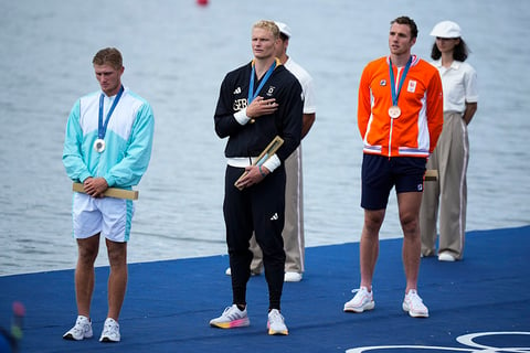 Men's single sculls rowing: Gold medalist,  Oliver Zeidler, of Germany, silver medalist, Individual Neutral athlete Yauheni Zalaty and bronze medalist Simon van Dorp, of Netherlands